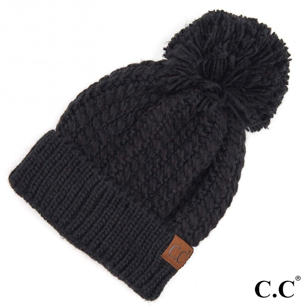 C.C. Cable Knit Pom Beanie - Black