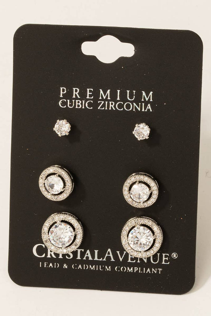 Gold-Plated Pave Halo Earring Set - Silver