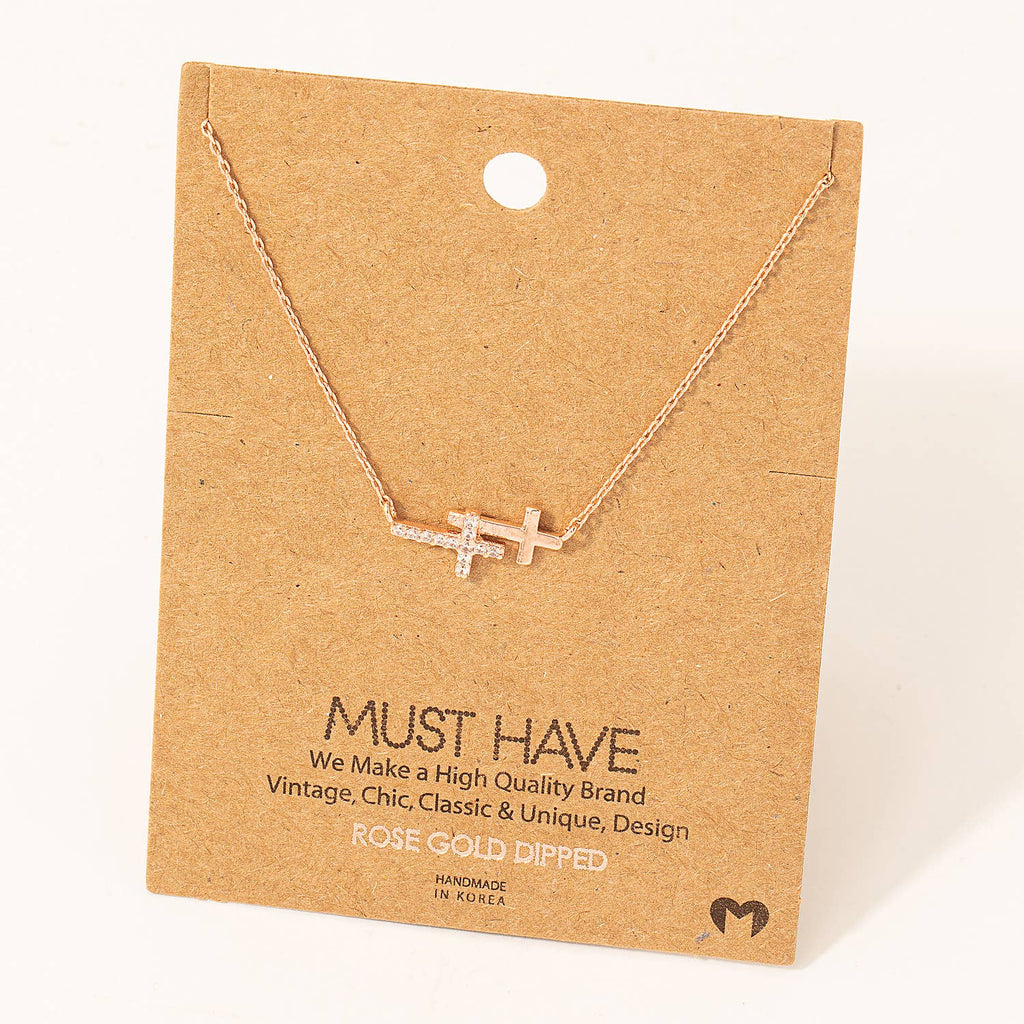 Double Cross Pendant Necklace - Rose Gold