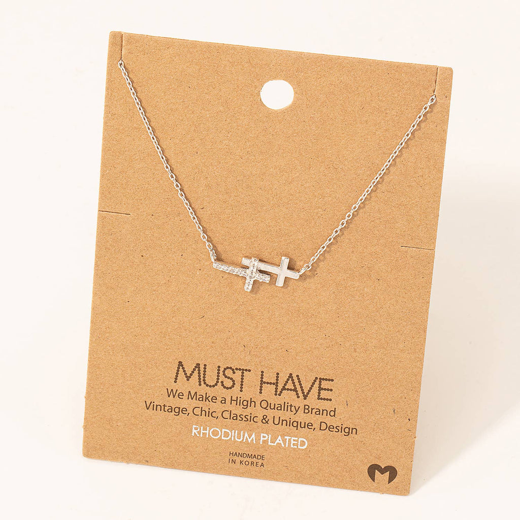 Double Cross Pendant Necklace - Silver